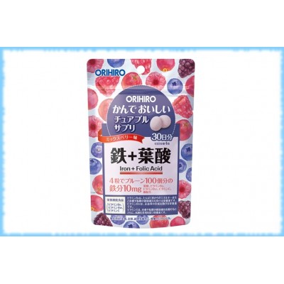 Жевательные таблетки Железо и фолиевая кислота (с ягодным вкусом), Orihiro, на 30 дней